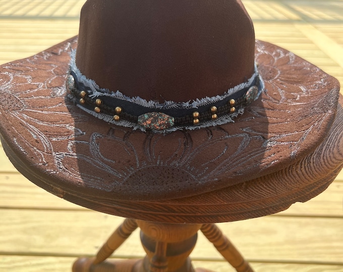 Hand Burned Sunflower, Cowboy Hat, Distressed Denim Hat Band