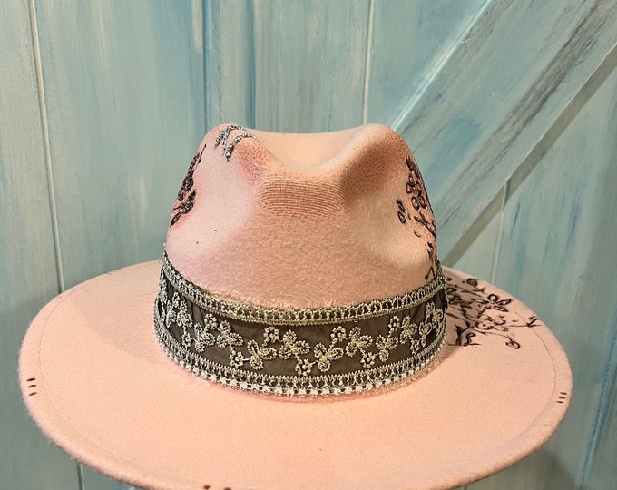 Custom Wide Brim Hat, Hand Burned, Pink, Torched, Pink Wide brim with Wildflowers.
