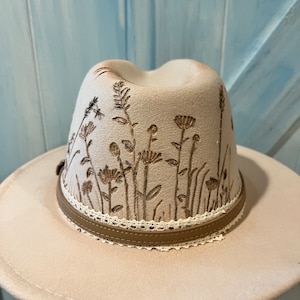 Hand Burned Hat ,Uniquely Customized and Torched, beige wide brim hat with Birds and Wild Flowers,beautiful band