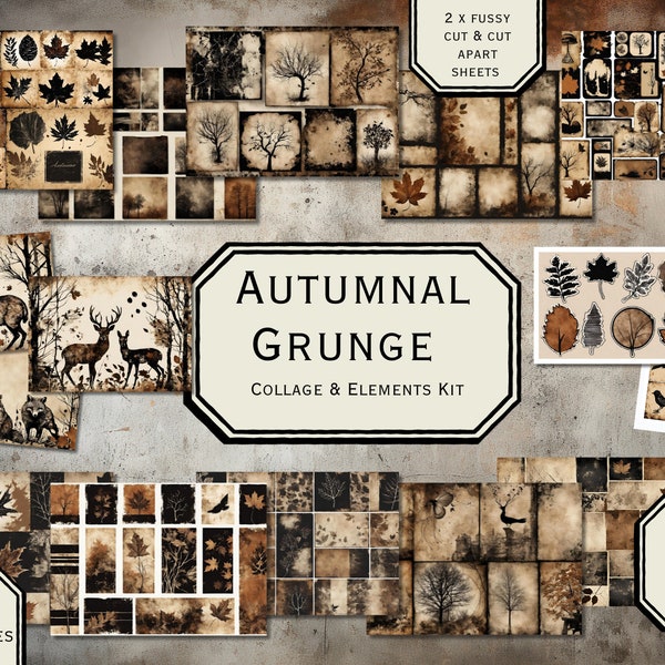 Printable Grungy Autumn Fall Junk Journal Kit Papers, Collage & Elements Kit, Neutral Black and Brown, Digital Download