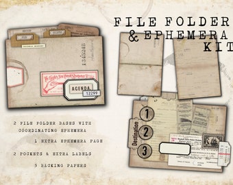 Printable Vintage File Folder Pocket and Ephemera Kit for Junk Journals and Paper Crafts