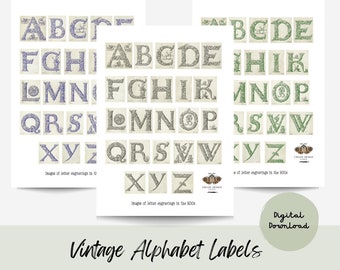 Printable Vintage Alphabet Labels, Digital Journal Ephemera