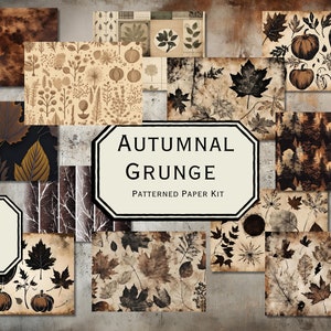 Printable Autumn Fall Grungy Junk Journal Kit Papers, Patterned Papers and Images, Brown and Black neutral colours, Digital Download