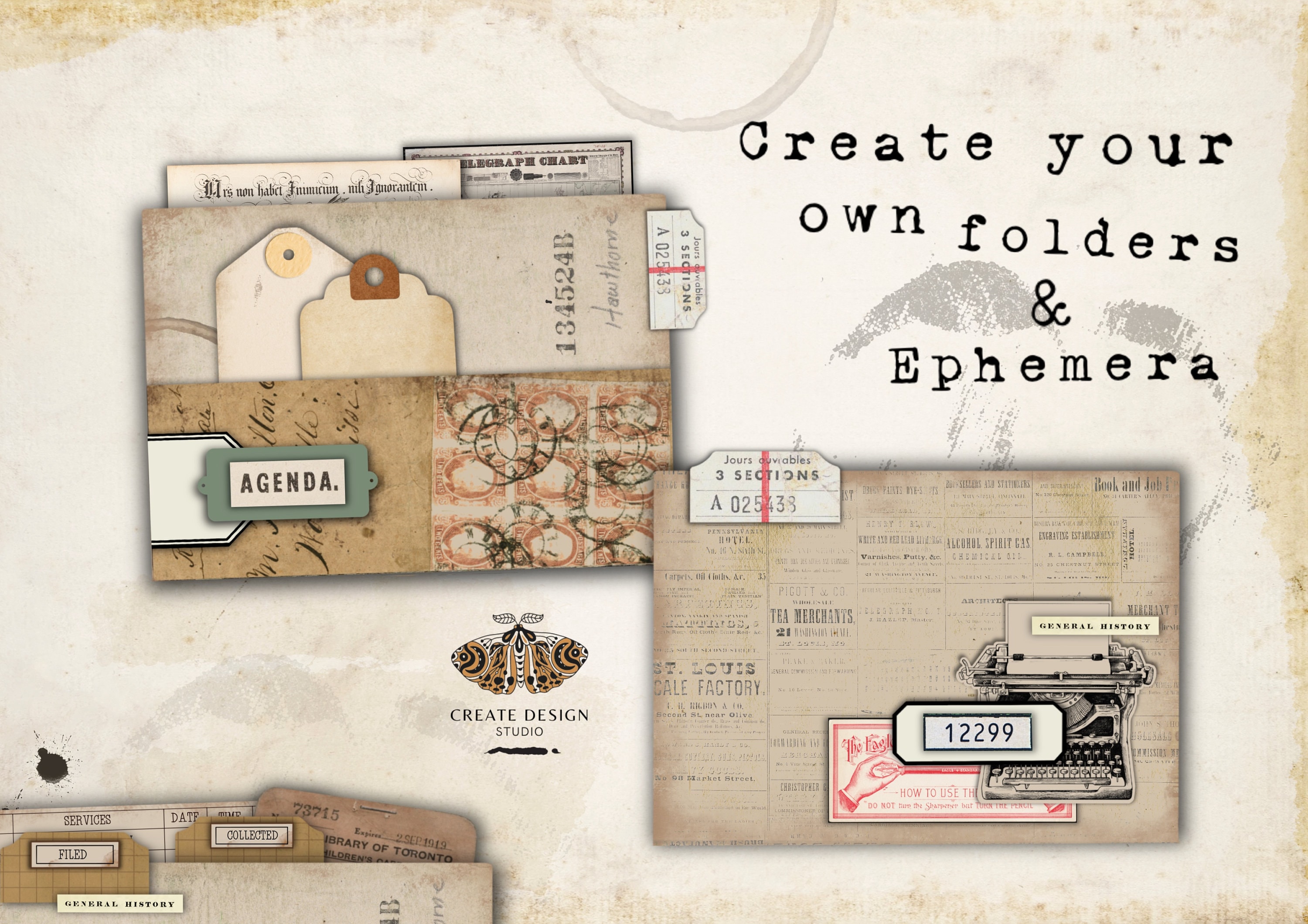 Printable Vintage File Folder Pocket and Ephemera Kit for Junk Journals