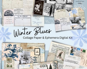 Winter Blues Digital Collage Kit: Ephemera, Scrapbook Papers (Digital Download)