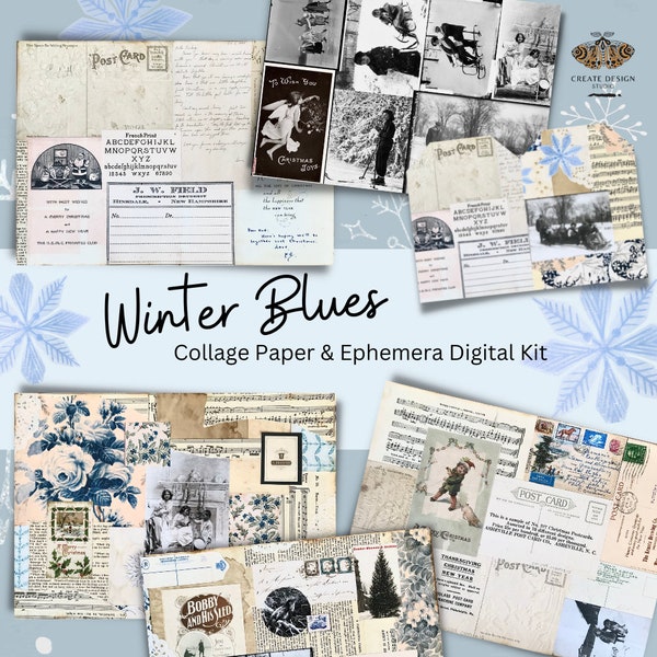 Winter Blues Collage Paper and Ephemera Kit, Digital Download, Christmas  and Winter Digital Scrapbook and Journal Kit