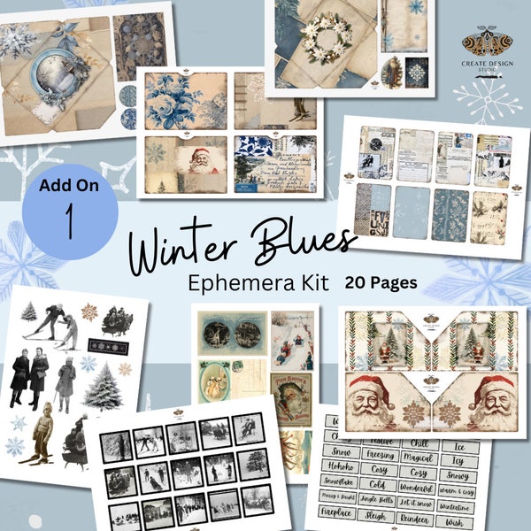 Winter Blues Printable Ephemera Kit for Junk Journal|Printable Journal Cards, Envelopes|Winter Images, Fussy Cuts|Digital Download Add On