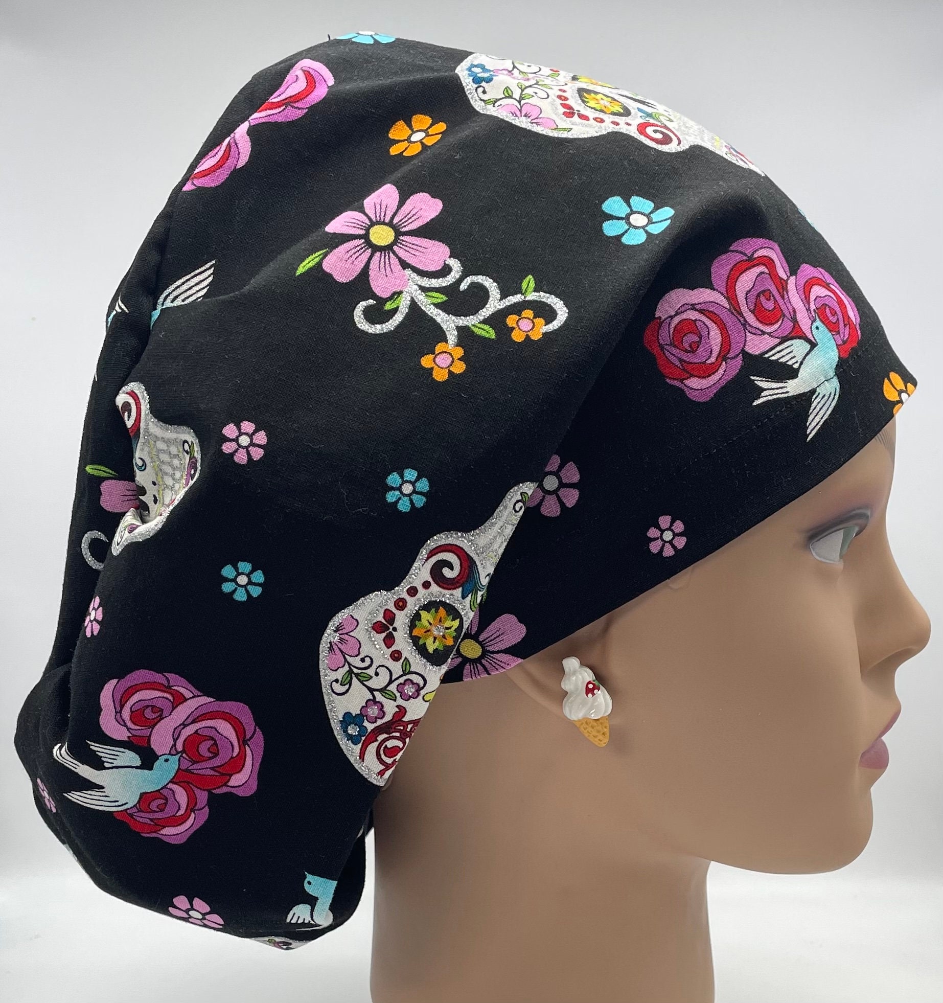 Sugar Skull Printed Scrub Caps For Men And Women With Buttons