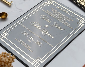 Islamic Wedding Invitations, Clear Acrylic Invitations, Transparent Invitations, Real Gold Foil Invitation, Detail Card, Black invitation