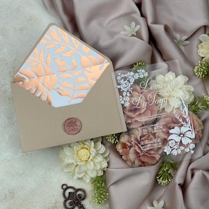 White Printed Clear Acrylic Wedding Invitation, Rose Printed Lined Elegant Wedding Invitation