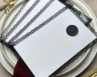 Black Lace Wedding Menu Card Gold Foil Elegant Reception Dinner Menu