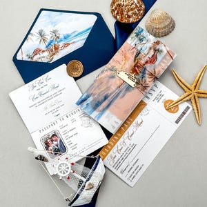 Passport Wedding Invitation Set, Boarding Pass RSVP, Tropical Destination Wedding, Navy Blue Beach Invite
