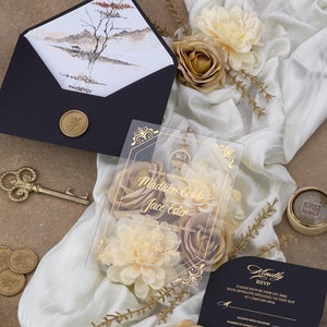 Customizable Fine Art Gold Printed Lined Modern Clear Acrylic Black Wedding Invitation