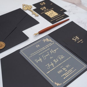 Gold gilding printed acrylic invitation, Black envelope with pocket, rsvp card with QR code, Customizable color and print types image 1