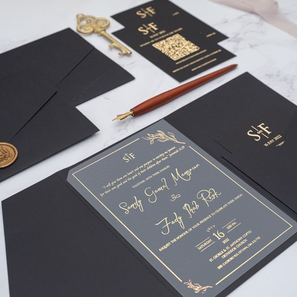 Gold gilding printed acrylic invitation, Black envelope with pocket, rsvp card with QR code, Customizable color and print types