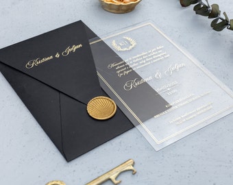 Customizable wedding invitation with gold glitter print on clear acrylic, gold print on envelope, Fully customizable envelope options