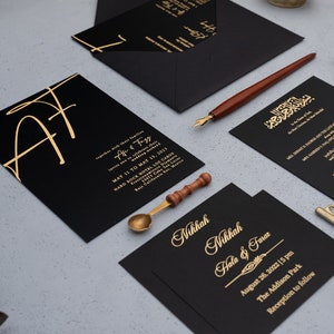 Faire-part de mariage islamique en acrylique noir, feuille d'or, carte d'invitation musulmane