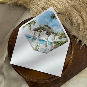 Ozean und Palmenansicht Aquarell Hochzeit Venue Umschlag Liner