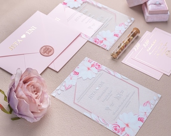 Acryl huwelijksuitnodiging, elegante roze huwelijksuitnodigingen, unieke uitnodigingen, gepersonaliseerde acryl trouwkaart, Hochzeitseinladung