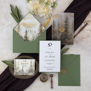Rustic Forest Wedding Invitation Set, Watercolor Pine Tree Wedding Invitation Suite, Mountain Landscape Invite, Greenery Woodland Invite