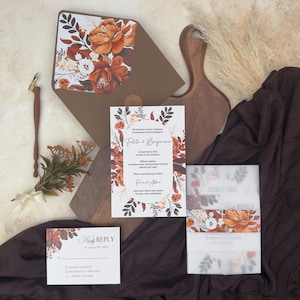 Herbstblumenhochzeits-Einladungspaket, orange und braune Blumen-Entwurf, rustikales schickes Blumenhochzeits-Einladungspaket mit Umschlag