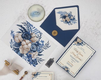 Luxury Christmas Themed Deckled Wedding Invitation, Blue Floral Bouquet Vellum Jacket, Cotton Flower Wedding Card, Torn Edges Wedding Paper