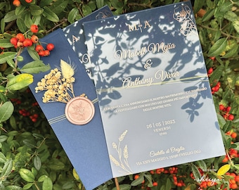 Royal Blue And Rose Gold Print Acrylic Wedding Invitation, Stylish Folded Transparent Invites