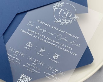 White Ink Frosted Acrylic Wedding Invitation, Invitation Card With Timeline, Navy Blue Invite, Initial Monogram, Wedding Card With QR Code