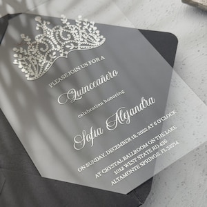 Quinceanera Invitations - Silver Printed Acrylic Card - Hot Seal Mailable Black Envelope