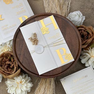 Acrylic Invitation with Shiny Beige Half Cover and Dried Flower Decorated Modern Envelope and Gold Foil Print