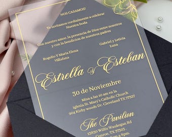 Gold Foil Flower Motif Clear Acrylic Wedding & Engagement Invitation