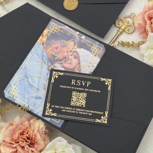 Wedding Invitation Gift For Bride Acrylic Invitation Gold Print Black Pocket Envelope For Rsvp Cards Customization Invitations For Wedding