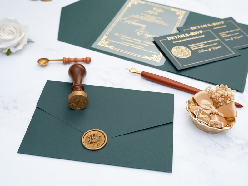 Dark green envelope with pocket, Wedding invitation with gold glitter print, rsvp card with QR code, With Love seal, Customizable envelope image 2