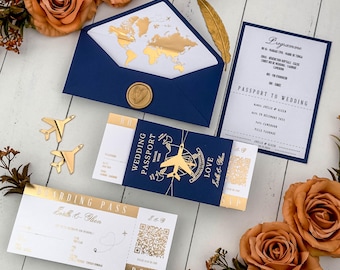 Royal Blaue Hochzeitseinladung: Reise-Thema mit Antwortkarte
