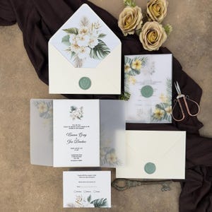 Elegant Floral Wedding Invitation Suite with Vellum Wrap & Green Seal, Modern Vellum Suite with Botanical Accents, Elegant and Unique Invite