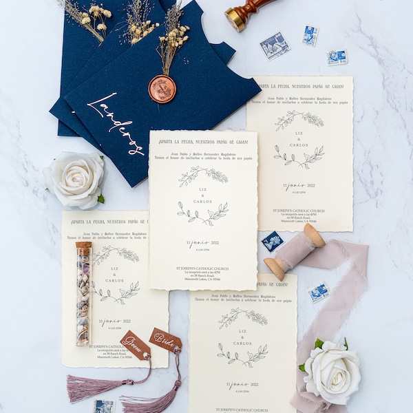 Deckled Edge Wedding Cards, Rose Print Names On Envelope, Cream Torn Wedding Invitation, Elegant Navy Blue Flower Wedding Invitations