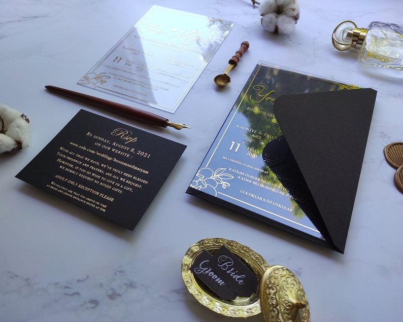 Unique Wedding Invitation, Black And Gold Invitation, Rsvp Cards For Wedding, Acrylic Invitations, Personalized Stationary image 4