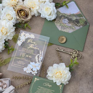 Sage Green Fine Art Watercolor Wedding Invitation, Gold And White Foil Clear Acrylic Wedding Invites
