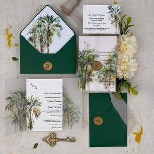Unique Palm Tree Wedding Invites for Destination or Beach Wedding, Tropical Greenery Invites, Modern Island Weddings