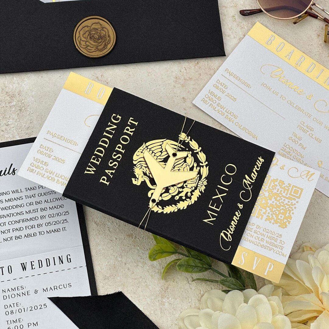 Mexıco Passport Wedding Invitation, Black and Gold Destination