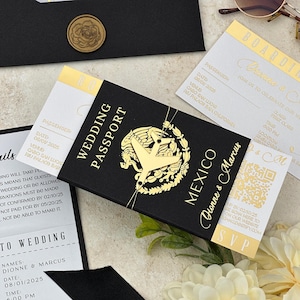 Convite de casamento com passaporte mexicano, convites para casamento em destino turístico em preto e dourado, cartão de casamento para viagem
