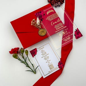 Acrylic Quinceanera Invitation | Red Rose, Tri-Fold Pocket Envelope