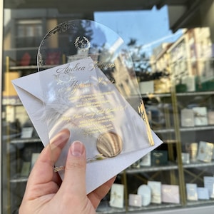 Invito a nozze con arco in acrilico, invito personalizzato, invito a nozze di lusso con stampa a lamina color rosa, invito unico in acrilico, grande sconto