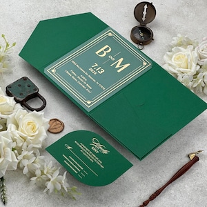 Emerald Green Envelope With Pocket, Wedding Invitation With Gold Foil Print, Rsvp Card With QR Code, With Love Seal, Customizable Envelope
