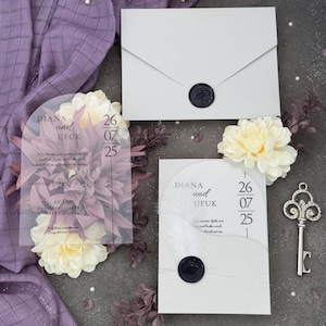 Cool Grey Colored Dried Flower Decorated Gorgeous Invitation Set, Arched and Black Ink Printed German Acrylic Card