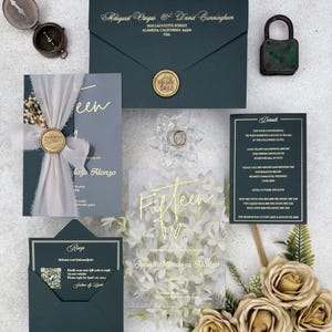 Chic Hunter Green Geburtstags-Einladungen mit atemberaubender Goldfolie - 15.Feier!