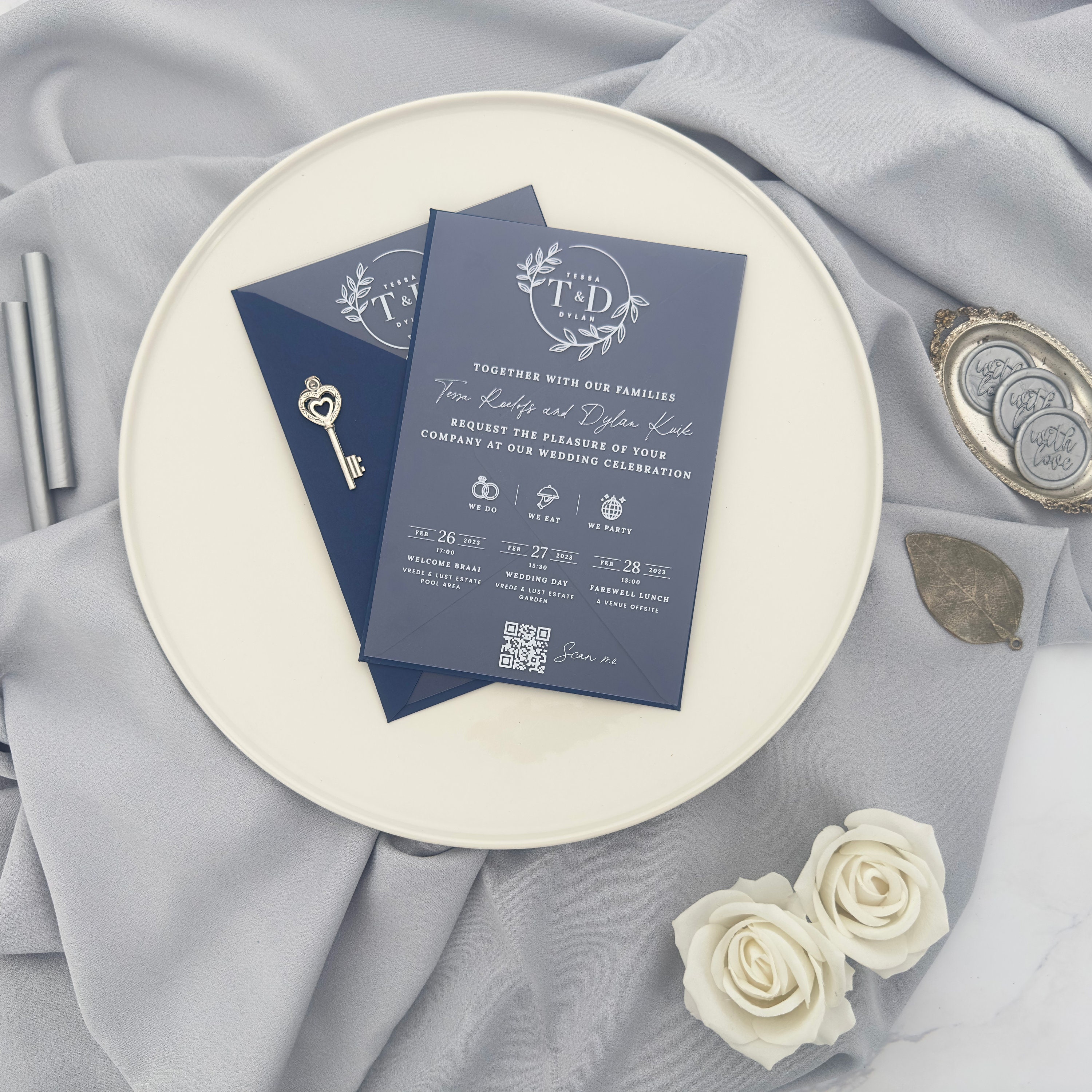 White Ink Frosted Acrylic Wedding Invitation With Timeline and Initial ...