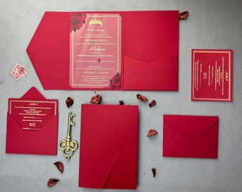 Gold gilded acrylic Quienceañera invitation set with red floral rose print detail, Invitation envelope with three fold pockets, Gold rsvp