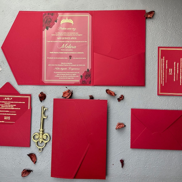 Gold gilded acrylic Quienceañera invitation set with red floral rose print detail, Invitation envelope with three fold pockets, Gold rsvp