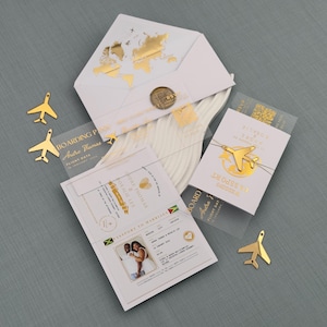 Acrylic Gold Foil Passport Invitation, Destination Wedding Invitation, White And Gold Passport Cards